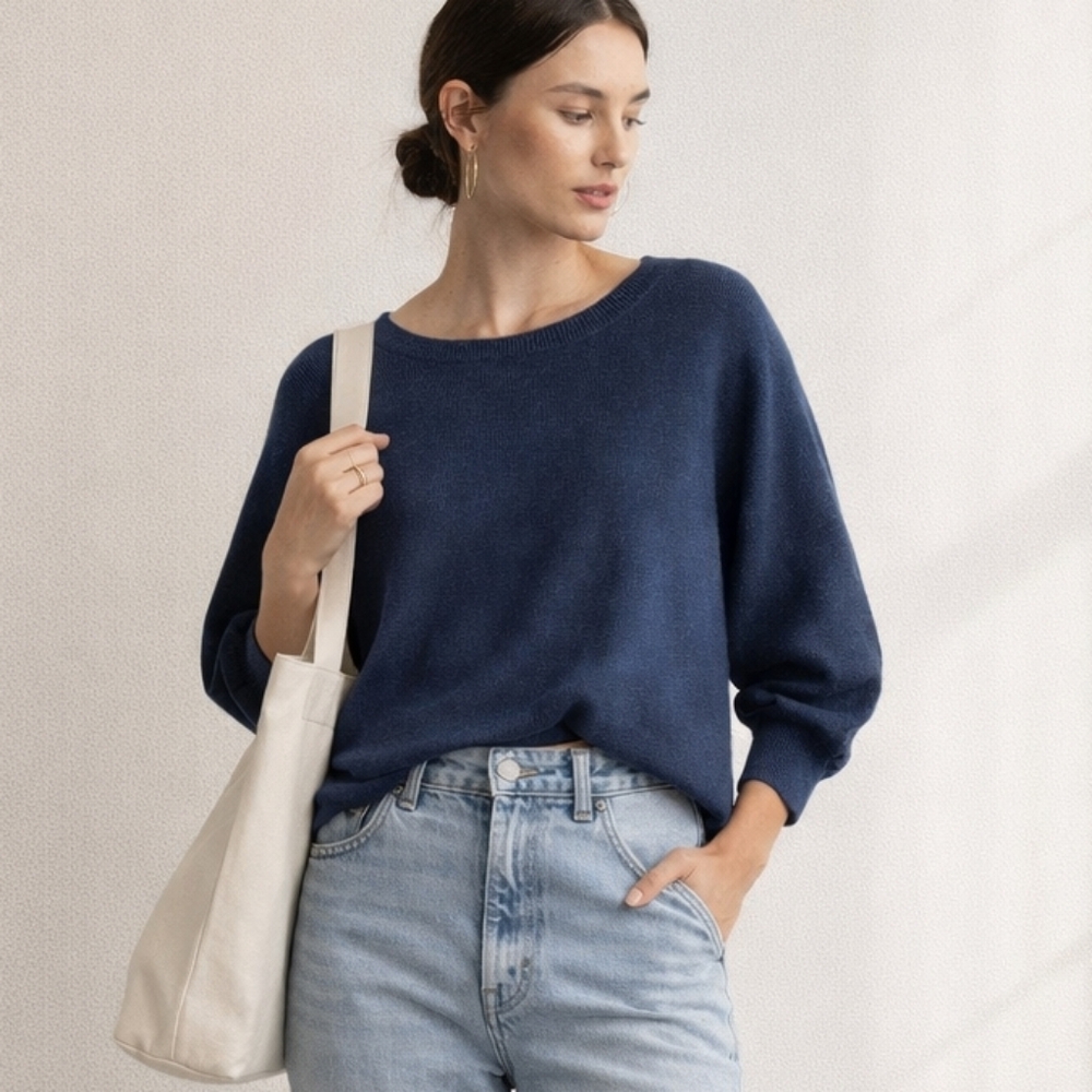 Calvin Klein Women Navy Blue Sweater Fishernan Batwing Minimalist Effoless